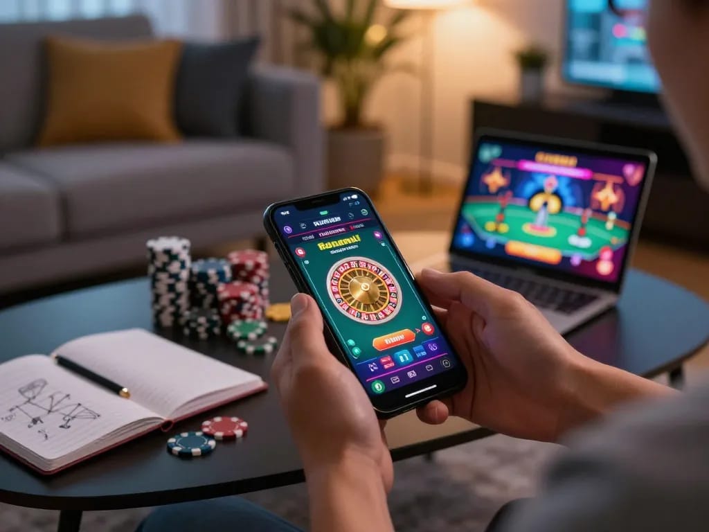 KJC user enjoying mobile casino gaming, showcasing online roulette experience in a cozy setting