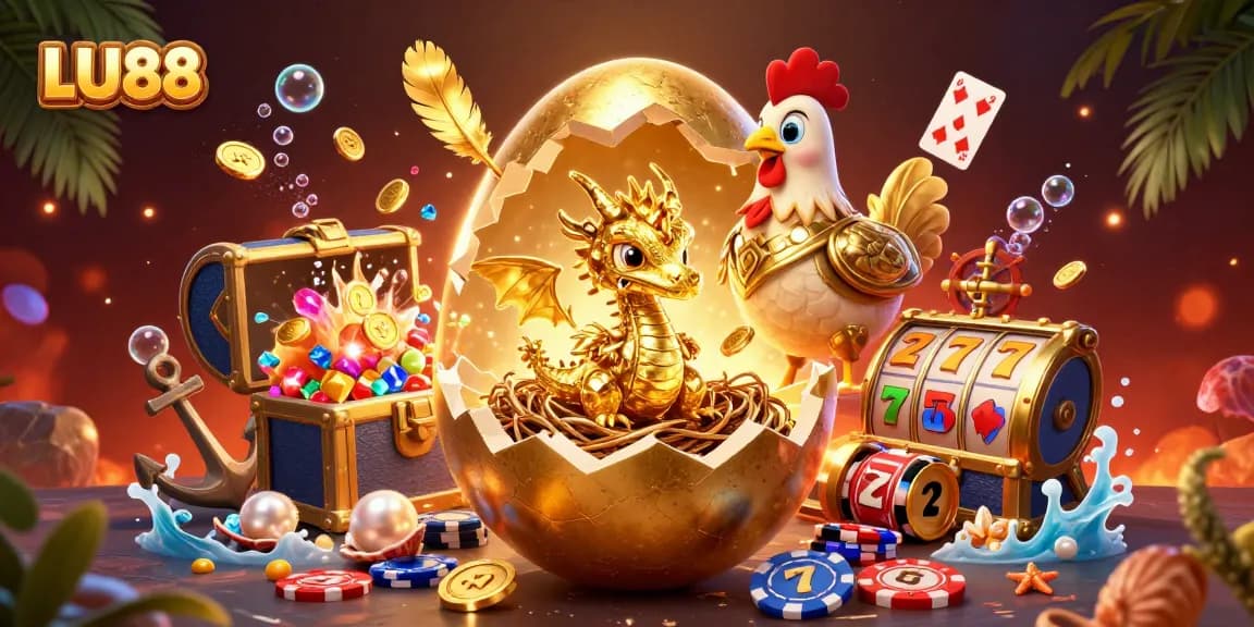 LU88 reveals a golden dragon amidst poker chips, with vibrant casino elements in an enchanting scene.