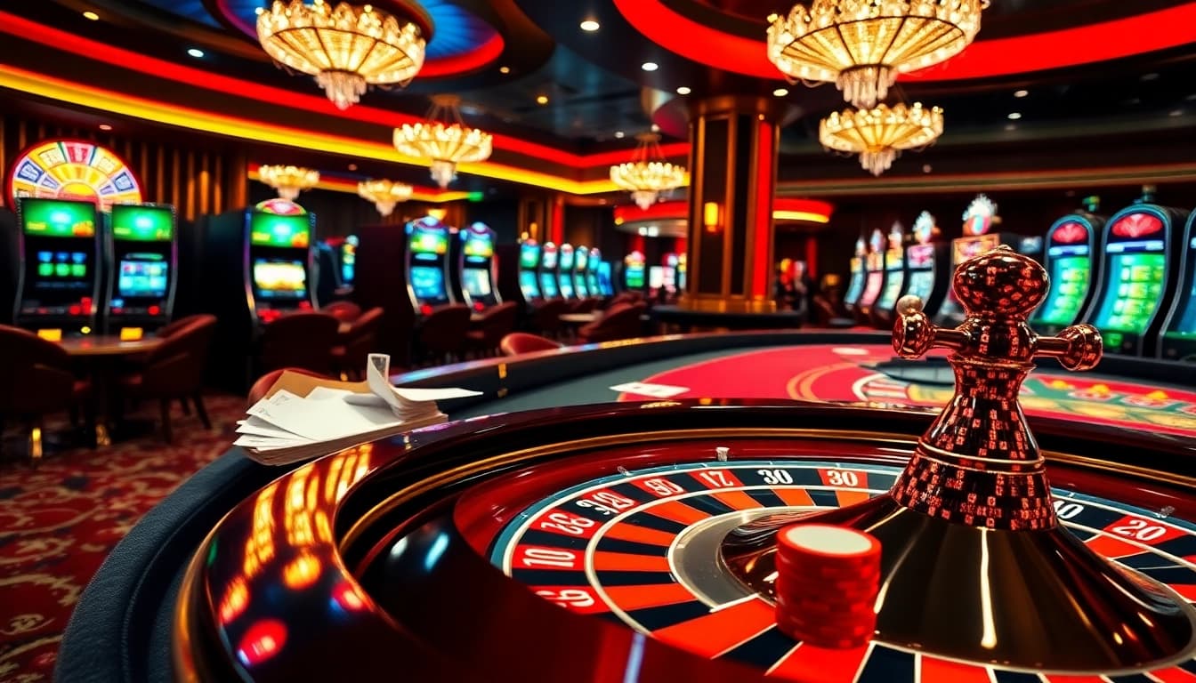 Experience the thrill of gaming at MMOO's luxurious casino with vibrant slot machines and roulette tables.