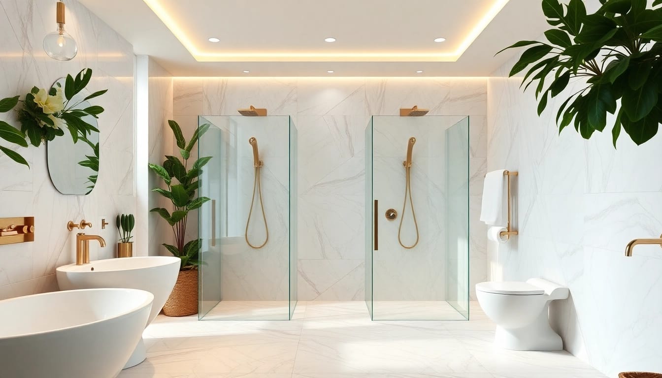 Experience beautiful elegant showers in a modern luxury bathroom with sleek fixtures and warm lighting.
