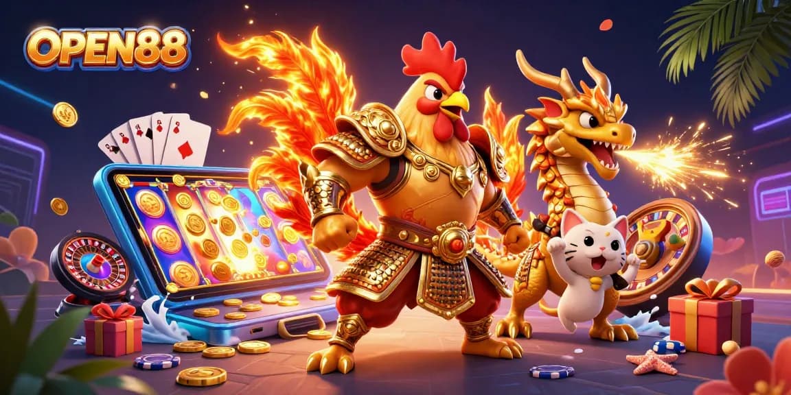 Experience excitement at OPEN88 with dynamic 3D cartoon characters and vibrant gaming elements in a rich casino setting.