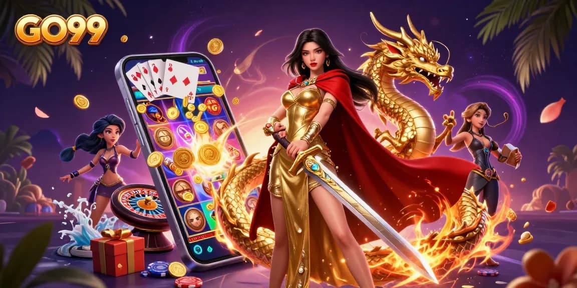 Engage in thrilling gameplay with GO99's stunning 3D casino illustration highlighting vibrant slot games and treasures.