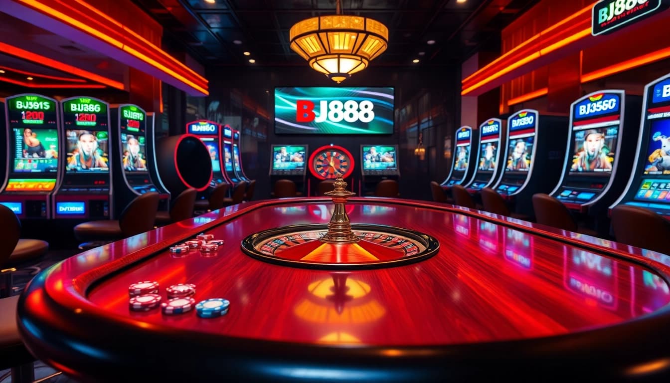 Engaging scene of BJ88-themed casino table with poker chips and a roulette wheel in action.