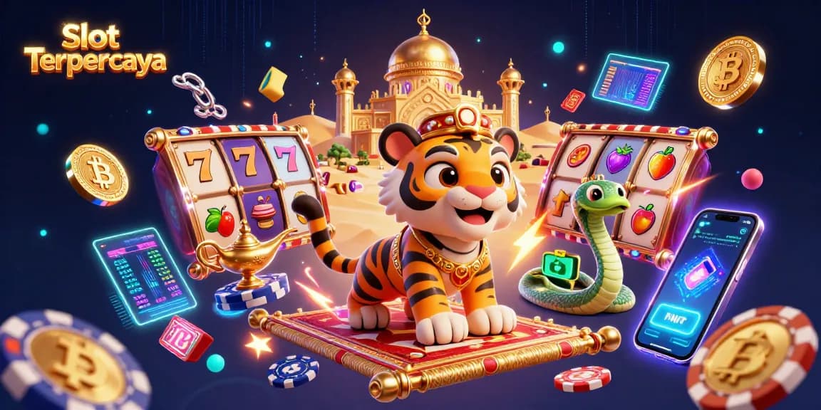 Engage in thrilling Slot Terpercaya action with a vibrant 3D illustration of a Sultan on a carpet, slots, and crypto elements.