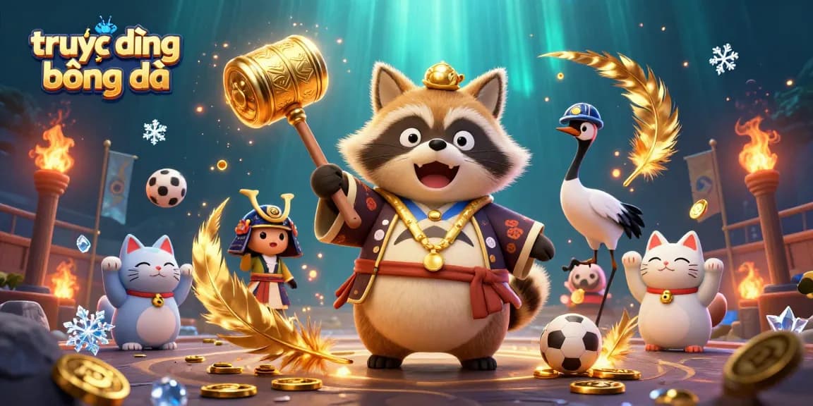 Experience trực tiếp bóng đá with vibrant 3D characters celebrating in a sports-themed scene.