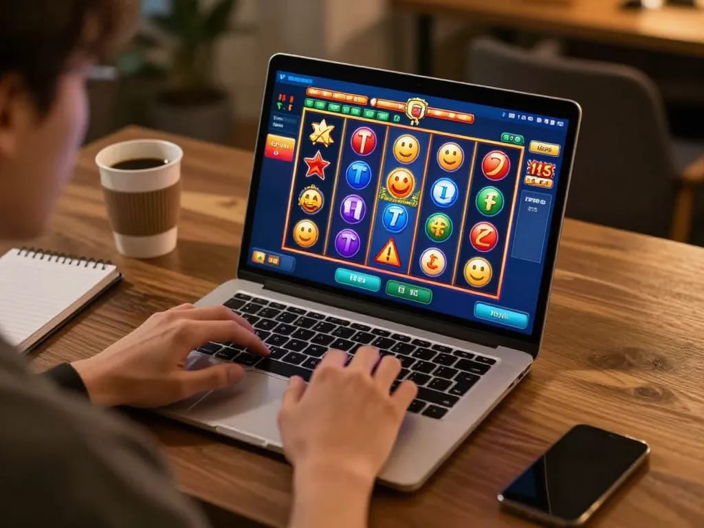 Engaging in an online slot game, celebrating winning symbols on laptop
