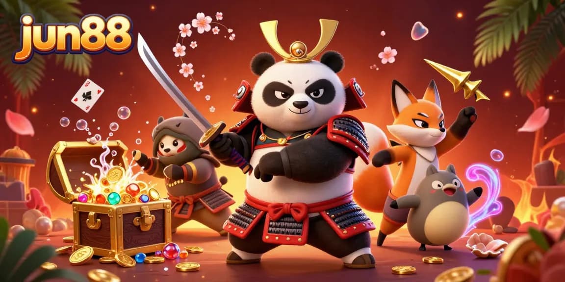 Experience the thrill of jun88 with a vibrant 3D casino scene featuring a courageous samurai panda, ninja fox, and spirit tanuki amidst colorful gems.