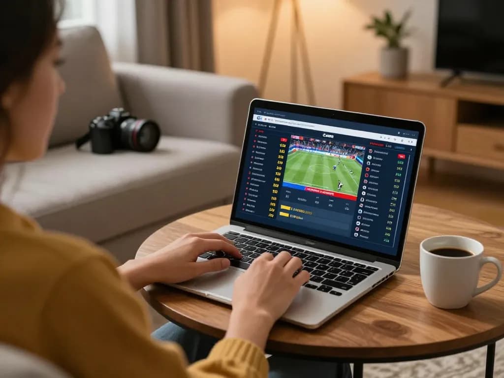 Engaged player on https://www.mnm88.com/ checking sports betting odds on a laptop in a cozy, inviting home setting.