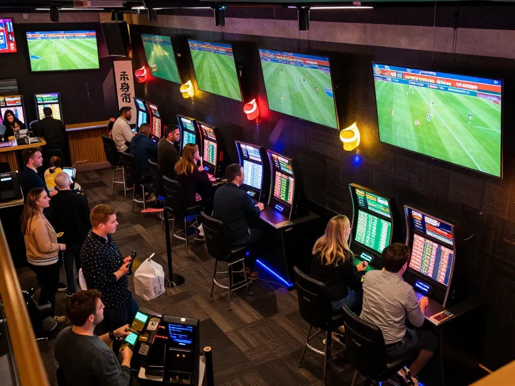 Betting strategies in action with enthusiastic sports fans analyzing odds at the sports venue.