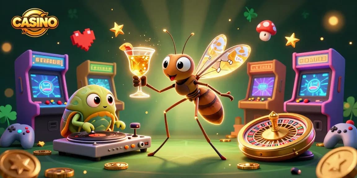 Experience the vibrant energy of our CASINO with a lively 3D illustration featuring unique characters and game elements.