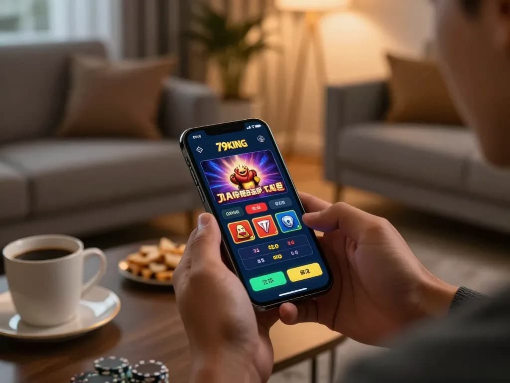 A person engaging with the 79king casino app on their smartphone, enjoying mobile gambling in a cozy home setting.