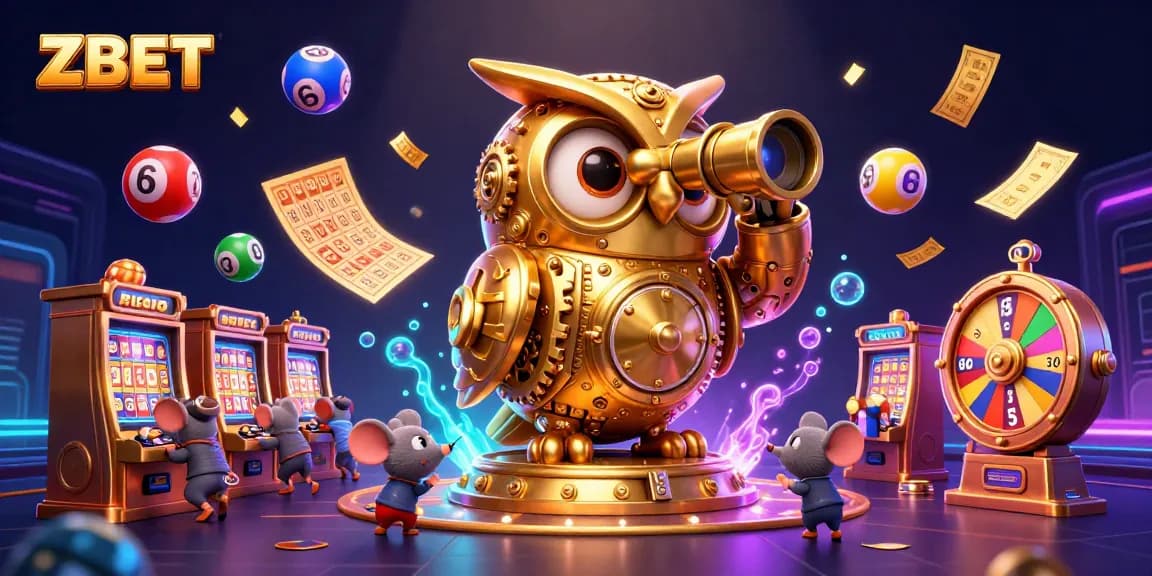 ZBET showcases a lively casino scene with a clockwork owl and animated elements creating excitement.