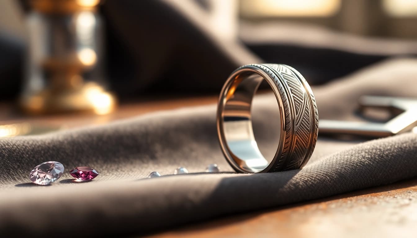 Close-up of polished tungsten rings showcasing intricate engravings and luxurious shine.