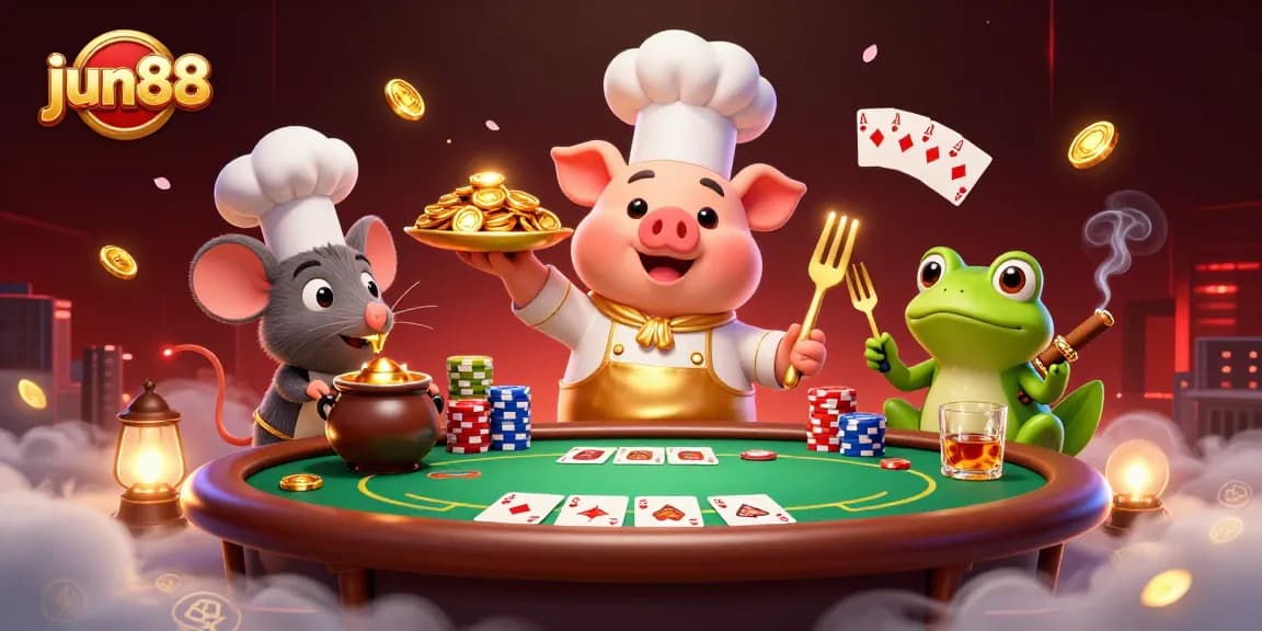 Experience jun88 with a fun scene of pig chef, mouse sous-chef, and frog critic in a vibrant casino setting.