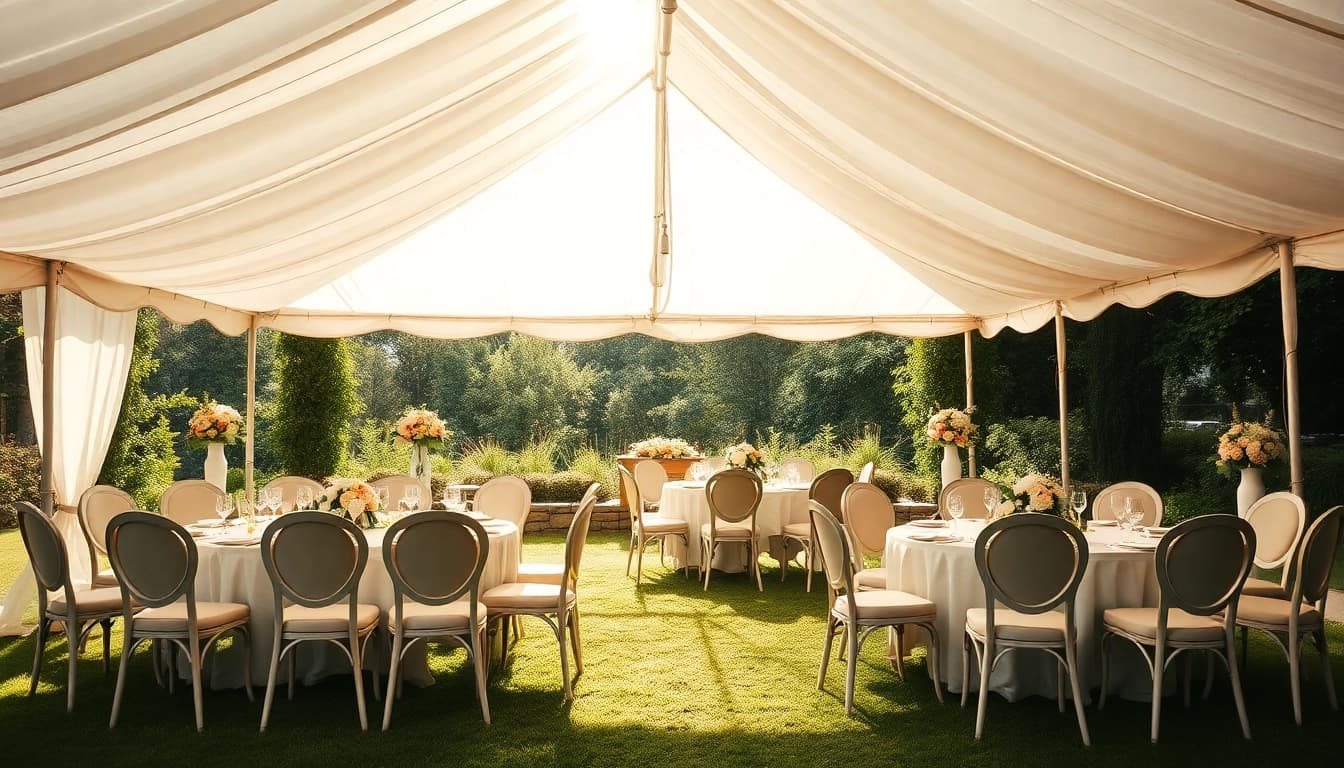 Stunning wedding tent chair & table rentals beautifully set up for an outdoor event, creating a warm atmosphere.