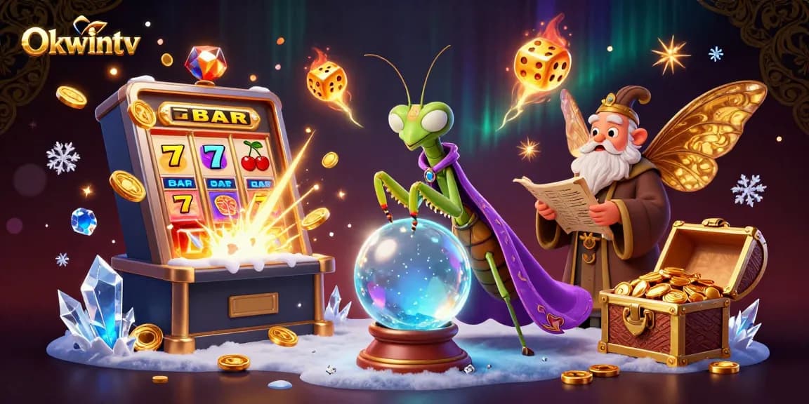 Okwintv streams live games showcasing a praying mantis fortune teller surrounded by vibrant casino elements.