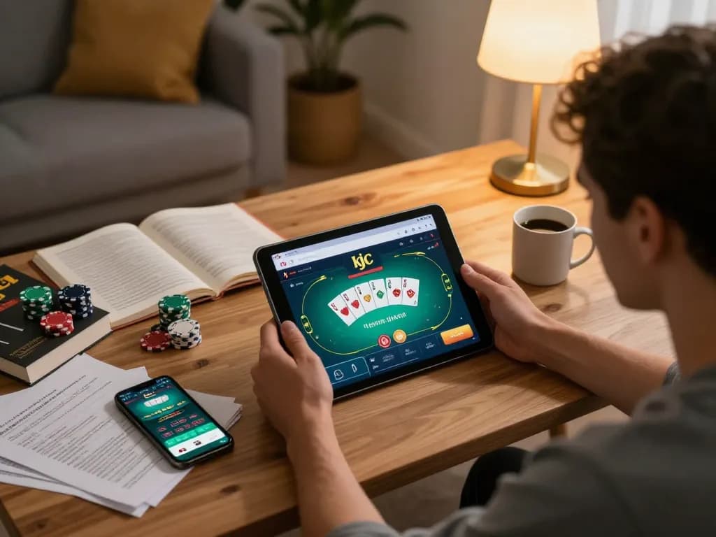 Engaging gaming session on the kjc website with a player strategizing poker at home, surrounded by notes and coffee.