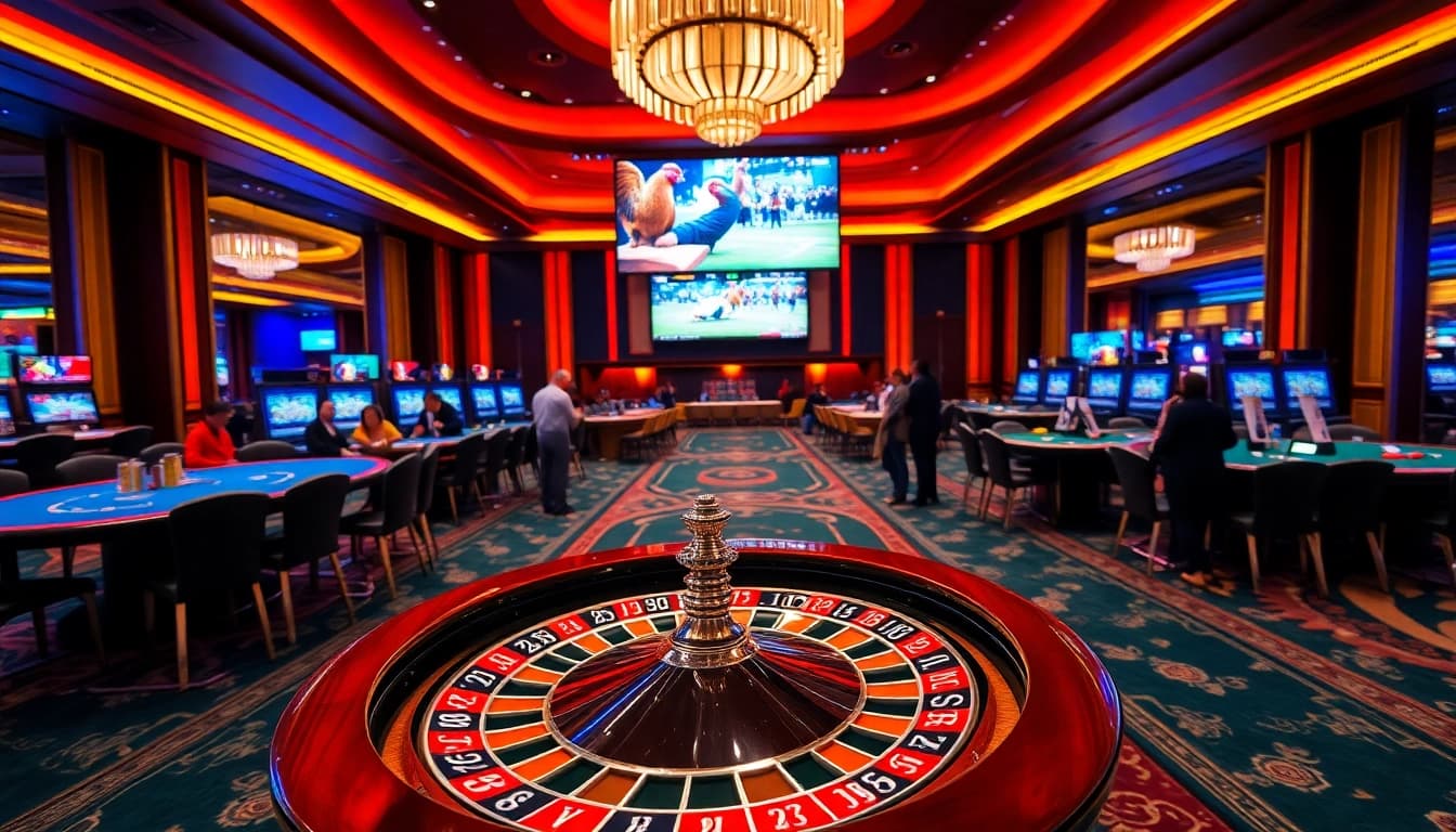 Engaging scene of sv388 trực tiếp đá gà with casino tables and spinning roulette wheel
