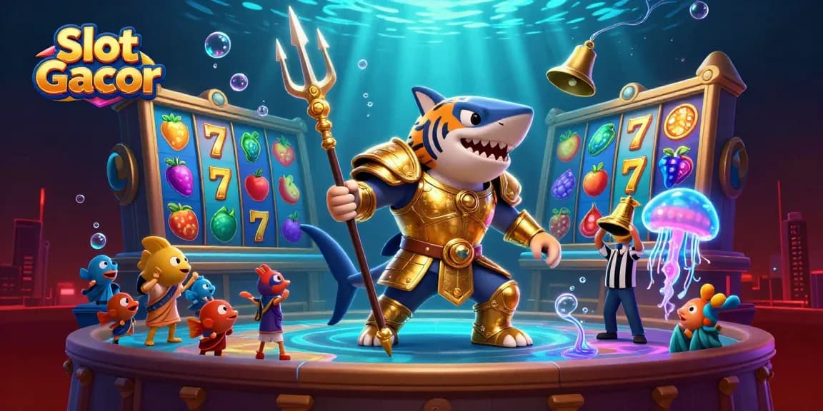 Engaging Slot Gacor scene showcasing a tiger shark in gladiator armor with vibrant slot reels