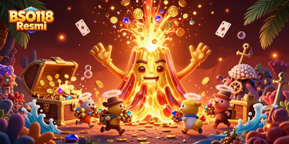 Engage with BSO118 Resmi through vivid casino-themed illustration featuring gold coins and playful characters.