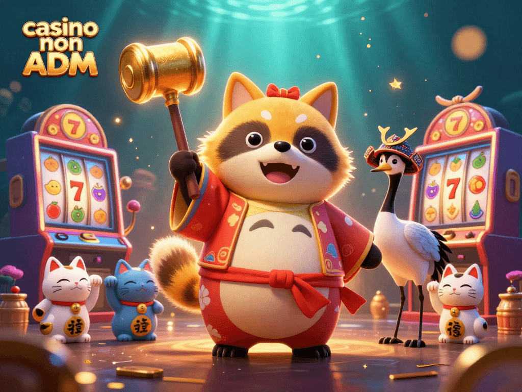 Gioca in un casino non ADM con un tanuki fortunato e simboli di vincita scintillanti.