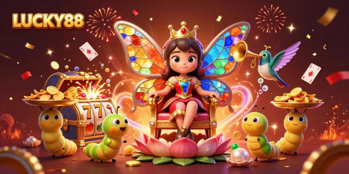 LUCKY88 dazzles in a vibrant casino scene filled with gold coins and slot reels.