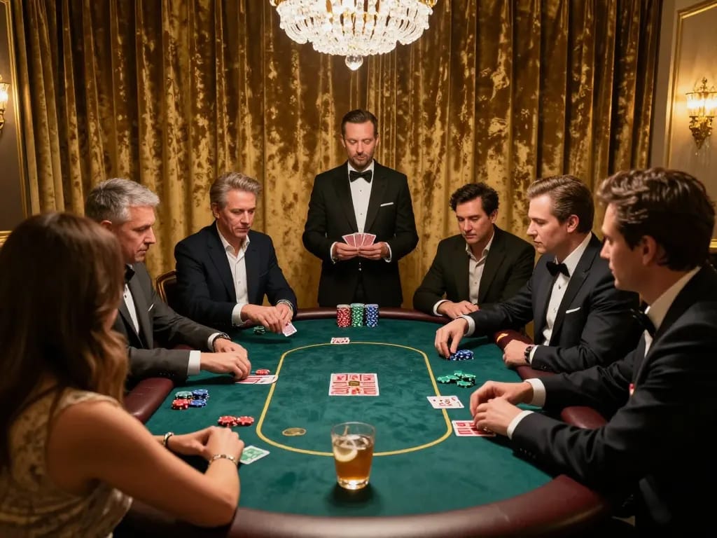 VIPWIN poker enthusiasts engaged in strategic gameplay around an elegant private table, showcasing a luxurious gambling atmosphere