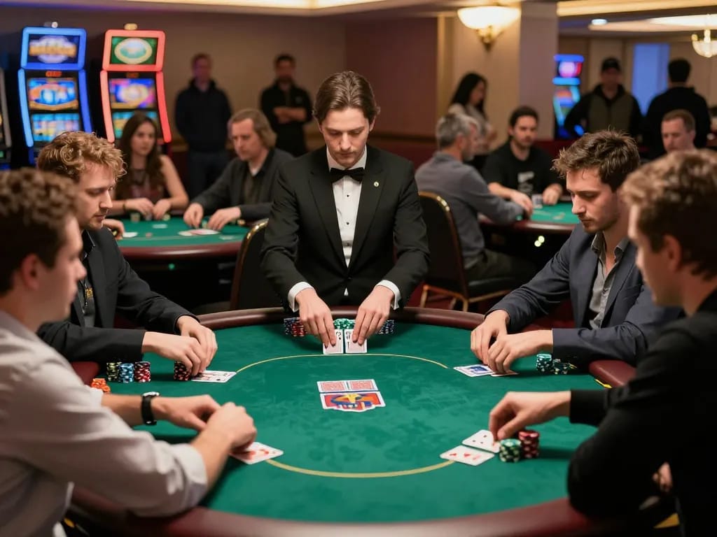 Engaged players at a KP88 poker game, showcasing competitive gameplay and a vibrant casino atmosphere.