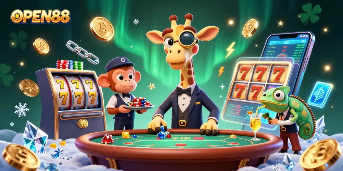 Experience thrilling gameplay at OPEN88 with a vibrant illustration of a giraffe high-roller at a lively casino scene.