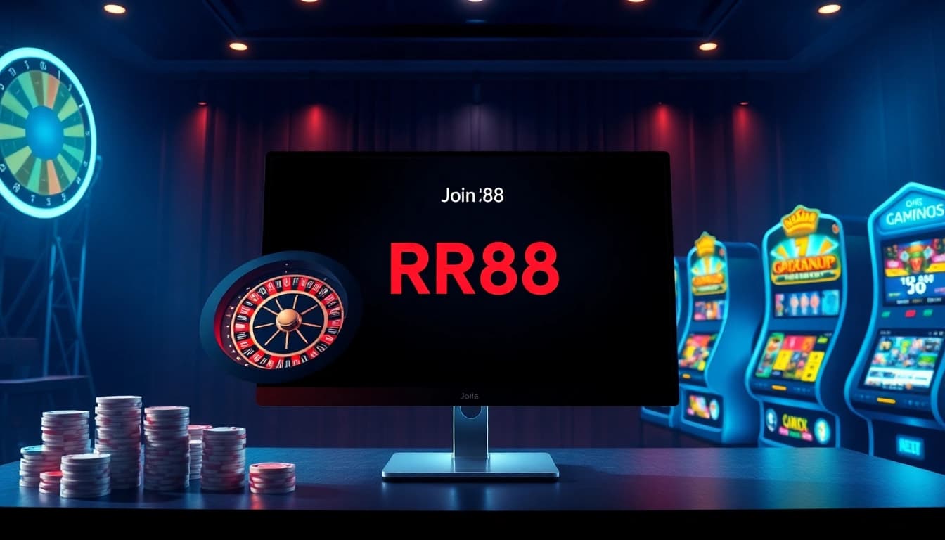 RR88 offers vibrant casino scenes filled with roulette wheels and slot machines for online gaming.