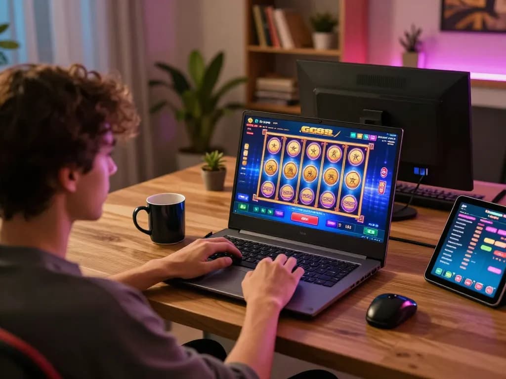 Engaging online gaming scene as a player enjoys GG88 casino slots on laptop at home