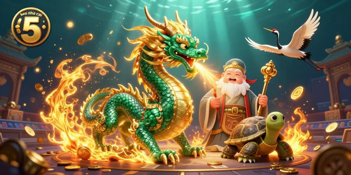 Experience the thrill of keo nha cai 5 as the emerald dragon leads lucky cranes in a vibrant sports betting arena.