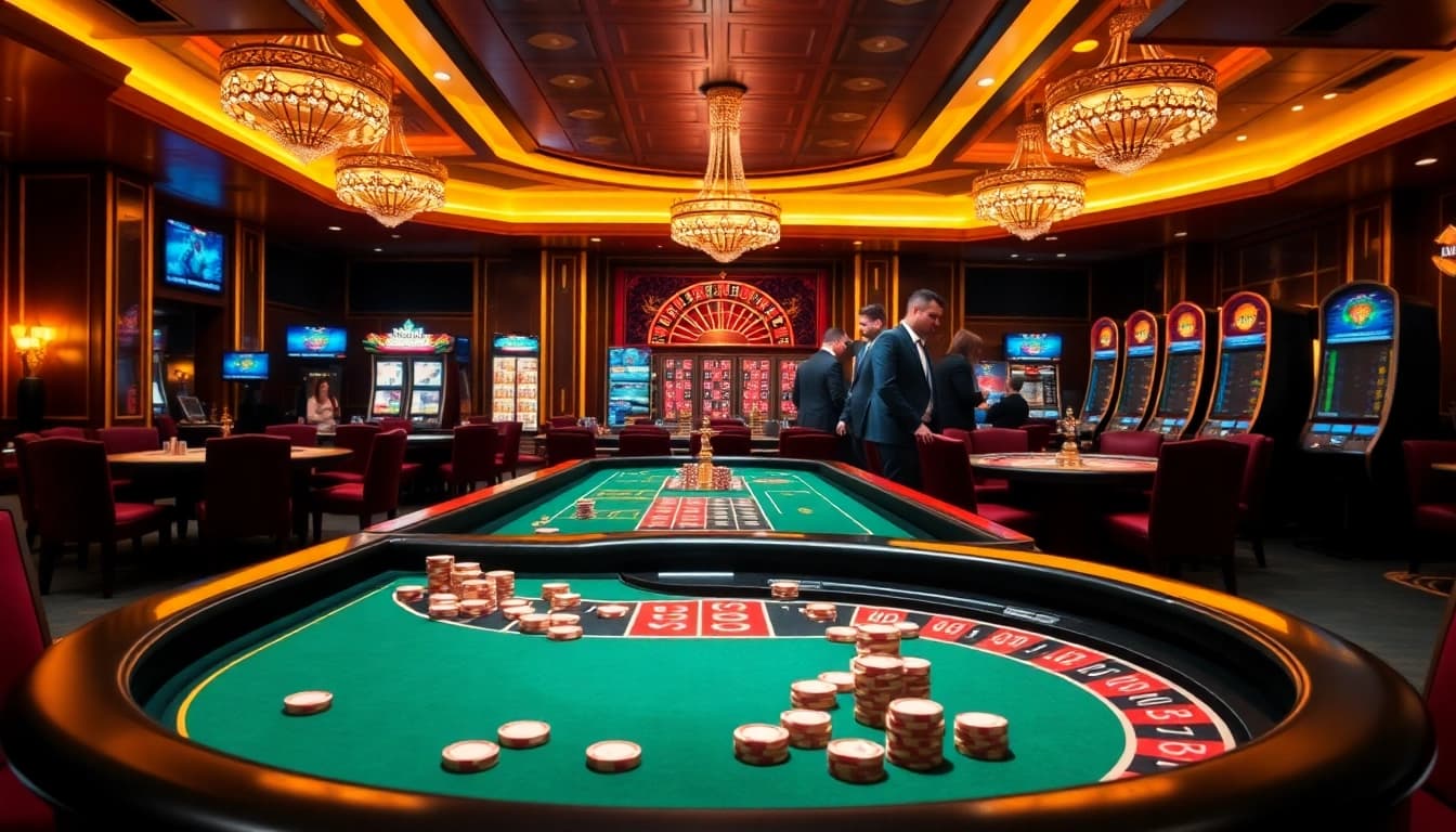 A thrilling online gambling experience at 8kbet featuring poker chips, roulette wheels, and vibrant casino atmosphere.