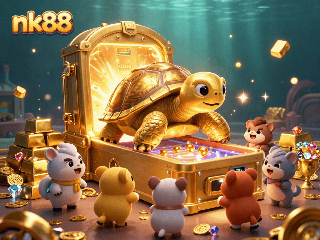 Experience thrilling nk88 gaming with a golden tortoise pinball machine and treasure in a dynamic casino scene.