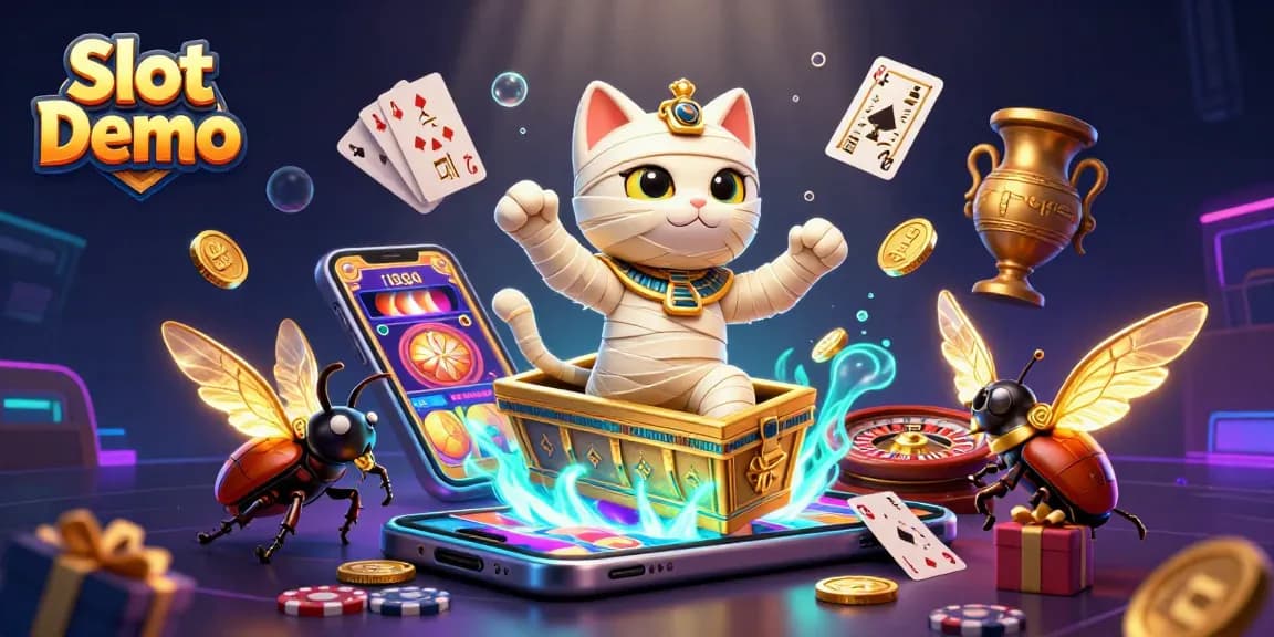 Engage with Slot Demo action; a vibrant scene of 3D characters celebrating wins in a dynamic casino.