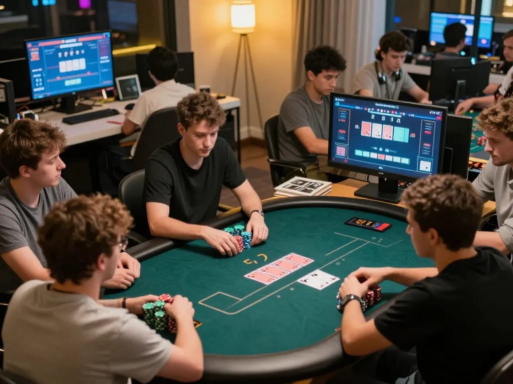 C168 players engaged in a thrilling online poker game with strategic stacks and focused expressions