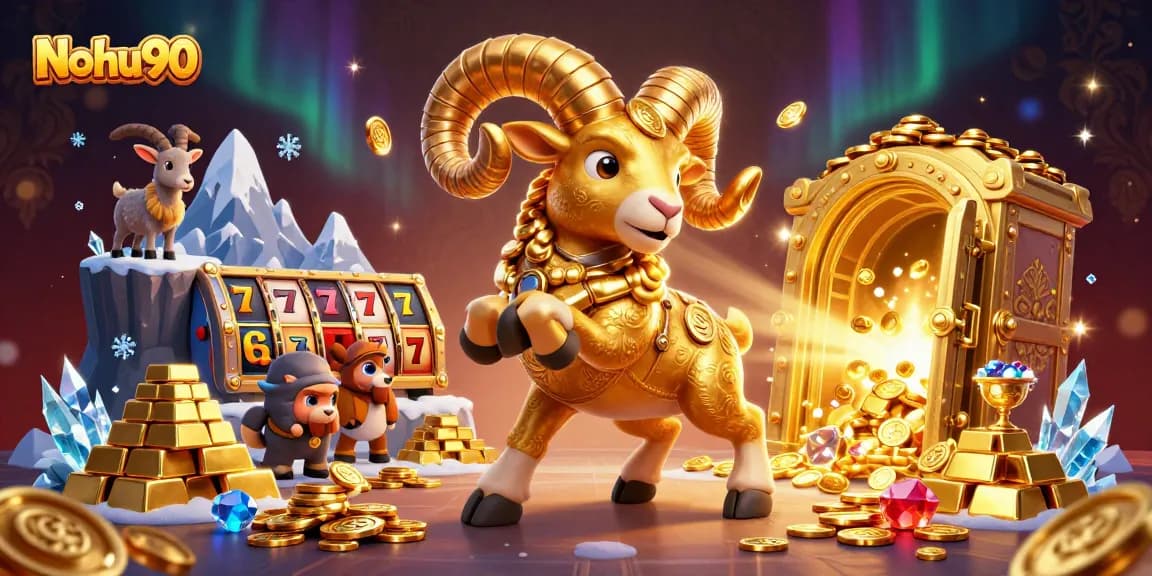 Nohu90 offers thrilling slot games as a golden ram charges through treasure and excitement.