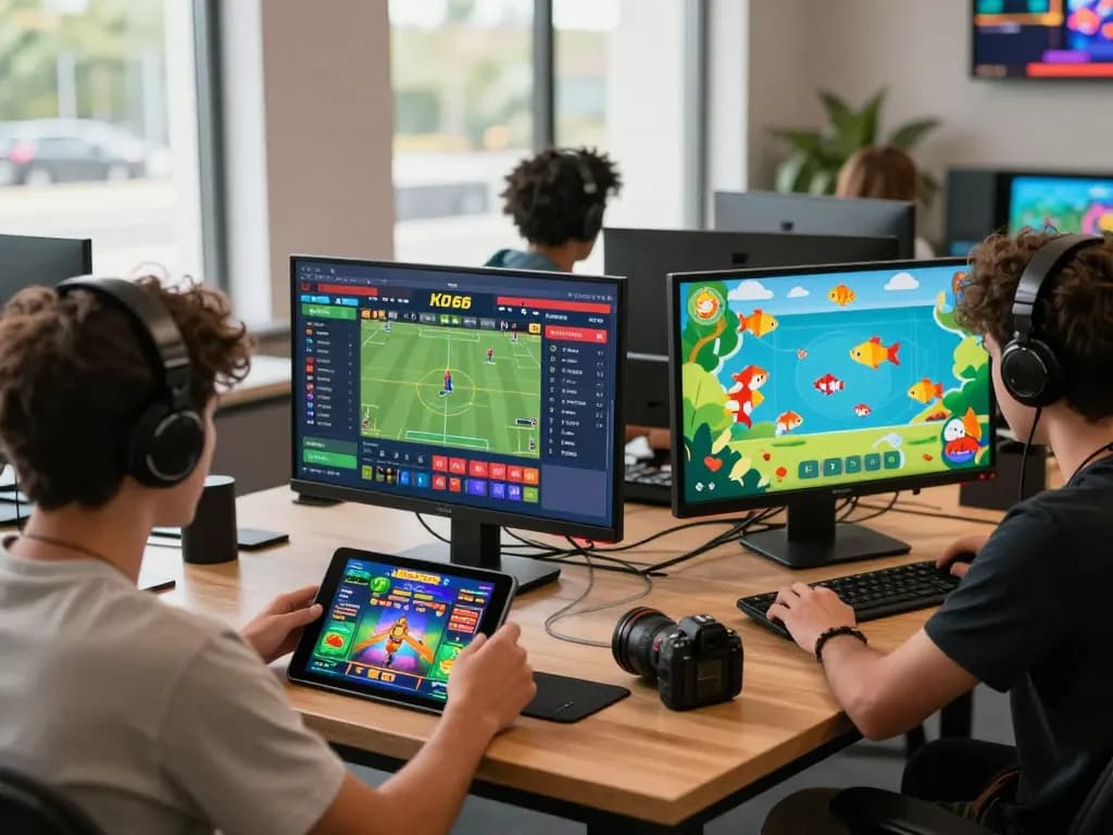 KO66 online gaming hub with diverse players engaged in sports betting, casino games, and fish-catching, lively atmosphere.