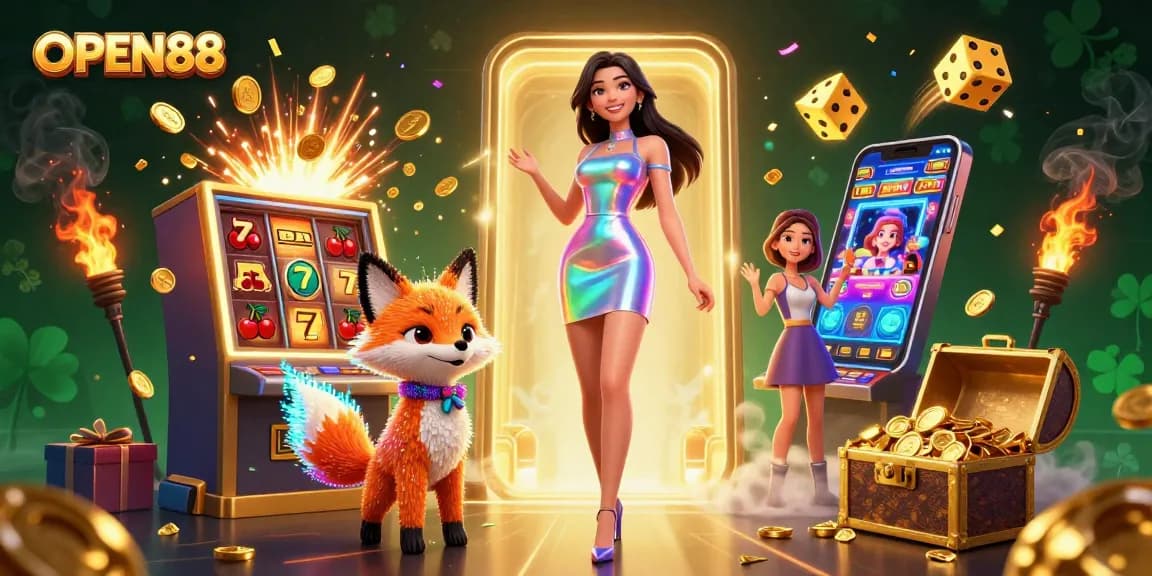 Experience captivating gaming with OPEN88's vibrant slot machine and colorful characters.