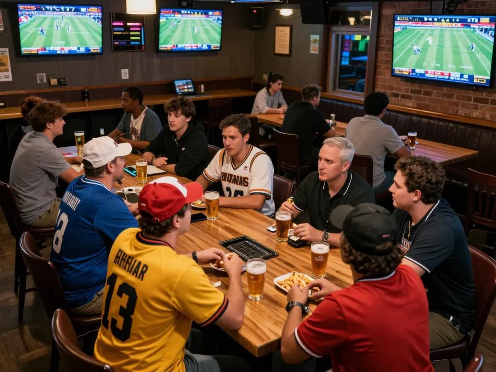 SC88 players engaging in sports betting at a lively bar with multiple screens.