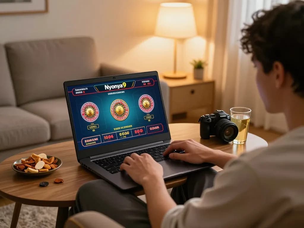 Nyonya9 player engaging in online roulette gameplay on a laptop at home, cozy atmosphere.