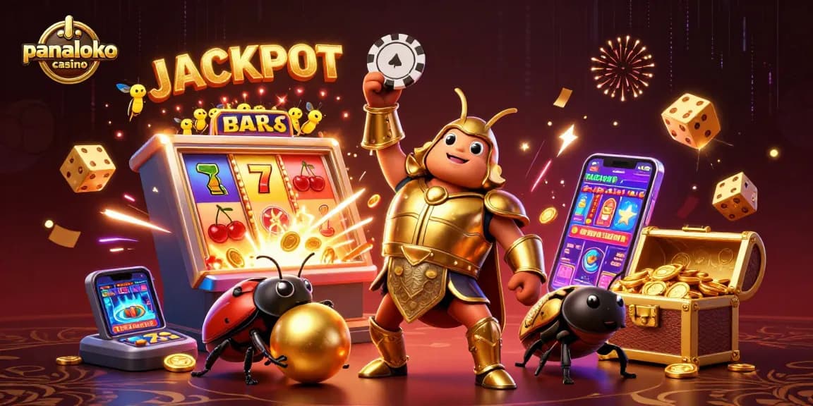 Panaloko casino celebrates big wins as a heroic beetle triumphantly lifts a chip amid charming gold and firework elements.