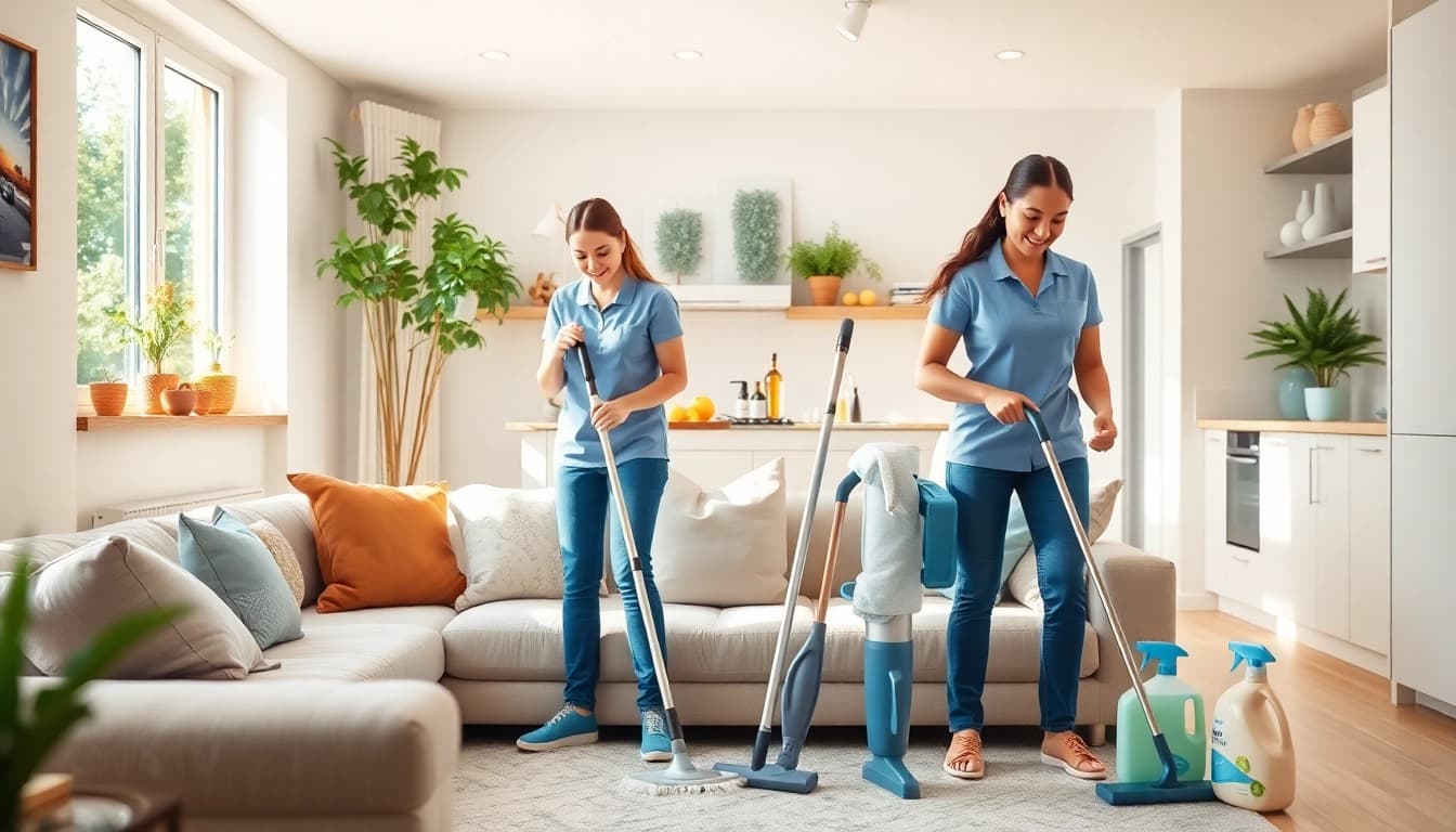 A cleaning services calgary team efficiently tidying a modern home, showcasing vibrant living spaces.
