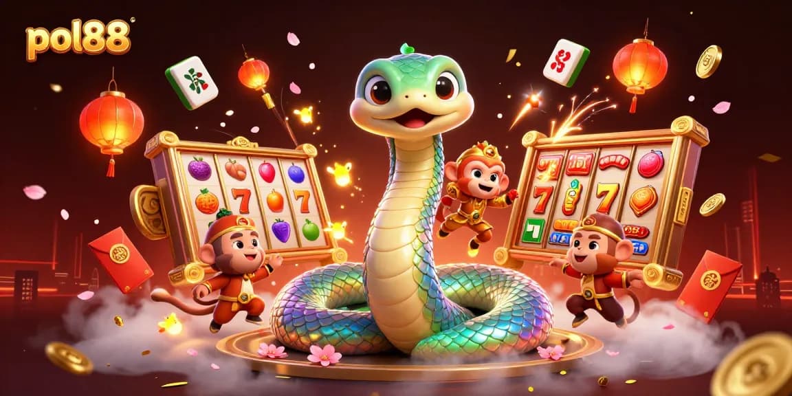 pol88 menampilkan ilustrasi kasino penuh warna dengan simbol jackpot dan karakter unik.