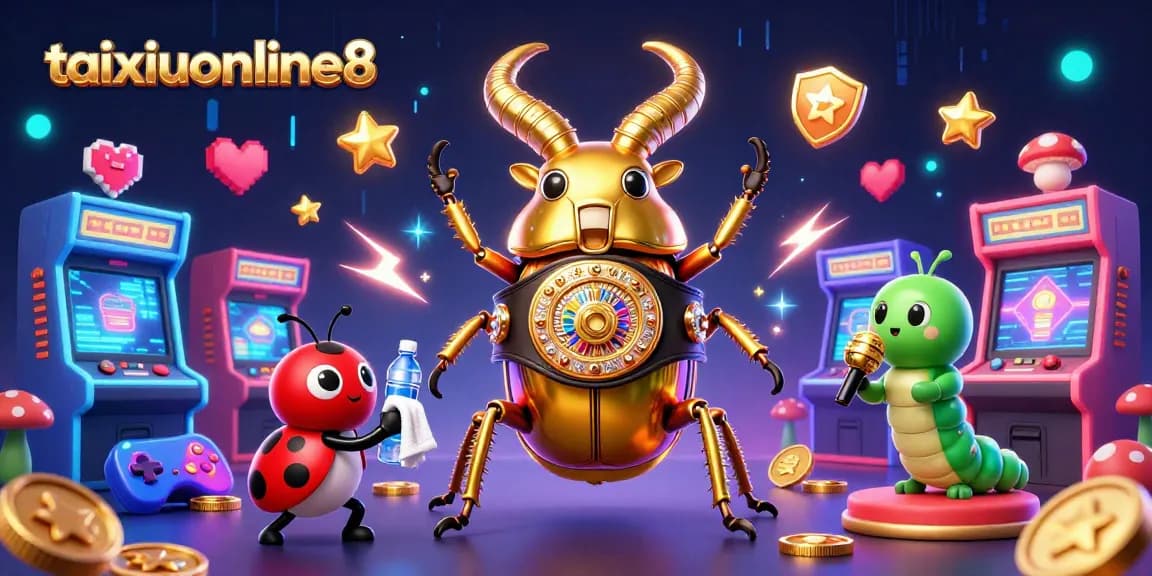 Play and win with taixiuonline8 in colorful casino-themed 3D illustration filled with game elements.