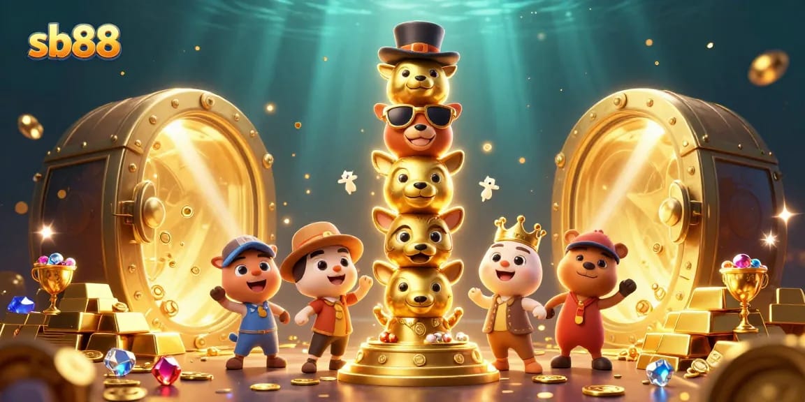 sb88 explores a vibrant casino scene filled with treasures and energetic characters in a 3D illustration
