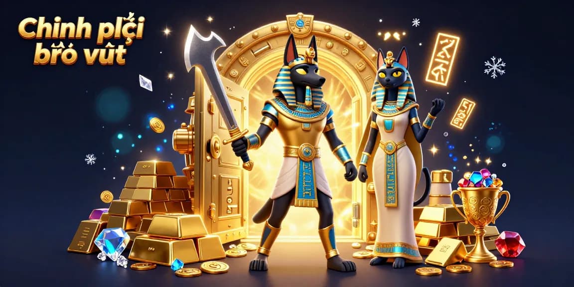 Engage with Chính sách bảo mật in an exciting online casino scene with Anubis and Bastet surrounded by treasures.