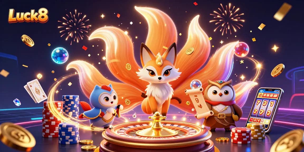Experience Luck8 wins with a vibrant 3D casino scene featuring glowing characters and dynamic gaming elements.