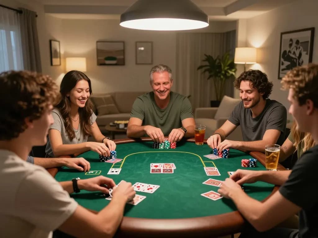 Poker night with friends at home showcasing the excitement of tr88 card games and friendly competition.