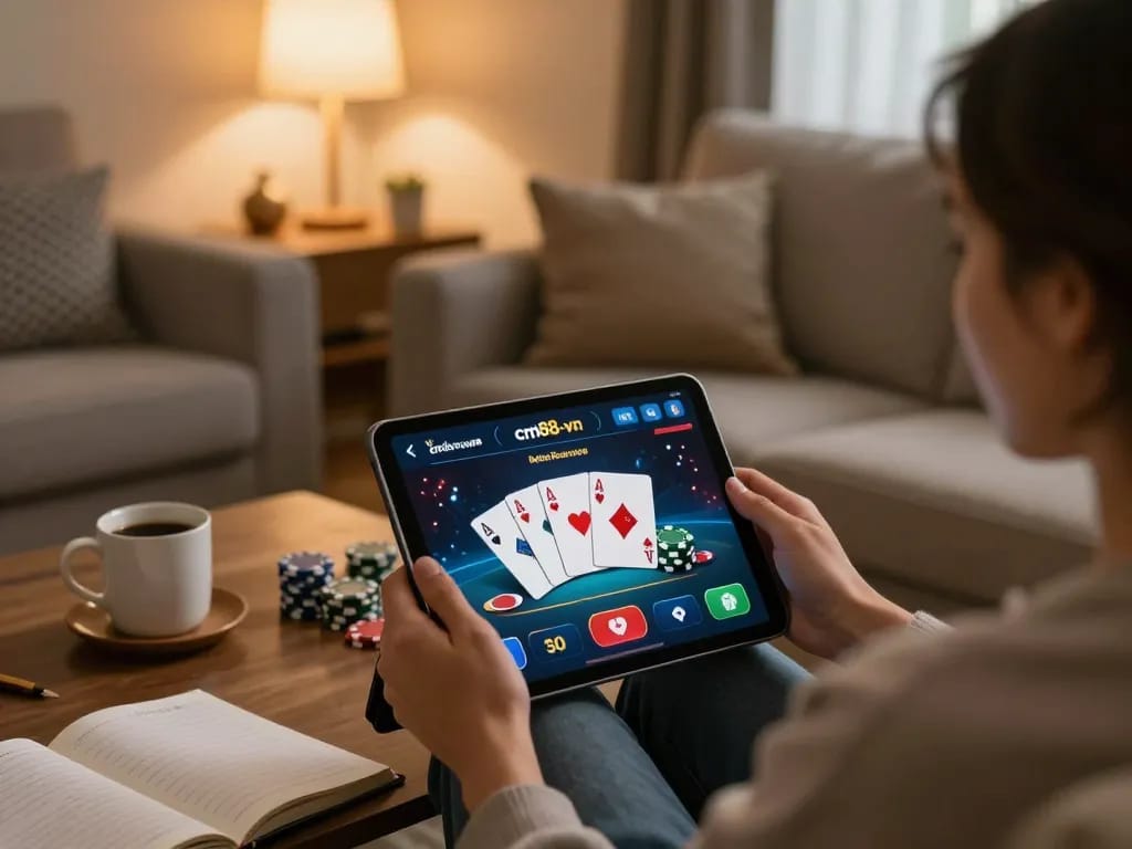 Person using cm88-vn online casino app on a tablet while relaxing at home.